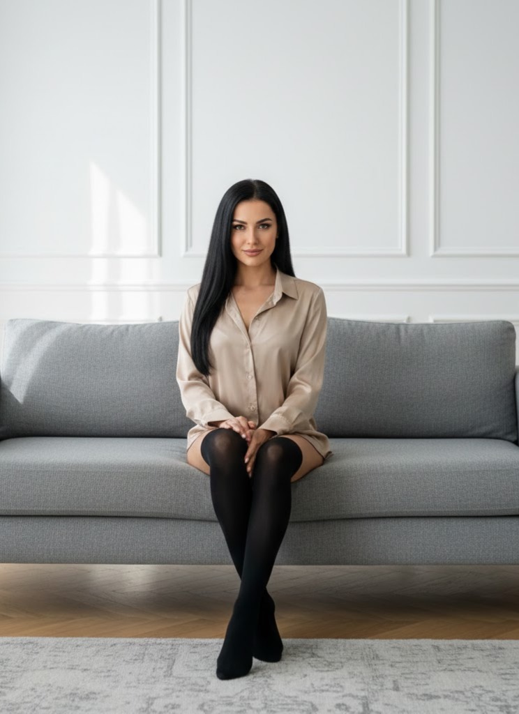 Classy woman black knee socks modern sofa