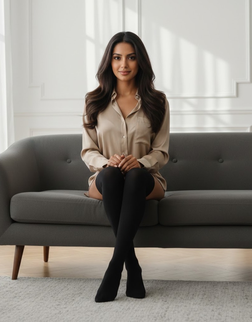Elegant woman black knee high socks dark sofa