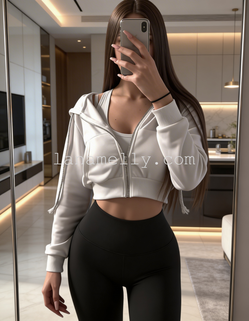 Crop hoodie girl mirror selfie black leggings modern apartment
